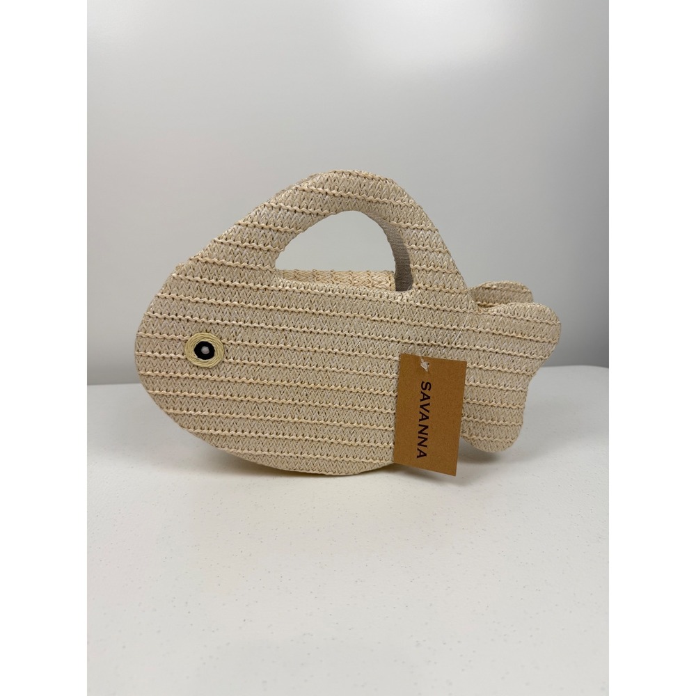 Savanna Fish Bag Woven Straw Wicker Clutch Crossbody Gold Chain Beige NEW Viral